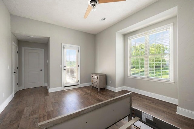 foyer with ceiling fan, dark hardwood / wood-style floors, and plenty of natural light