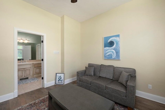 living room featuring wood-type flooring and sink