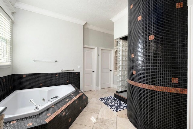 bathroom featuring separate shower and tub and crown molding