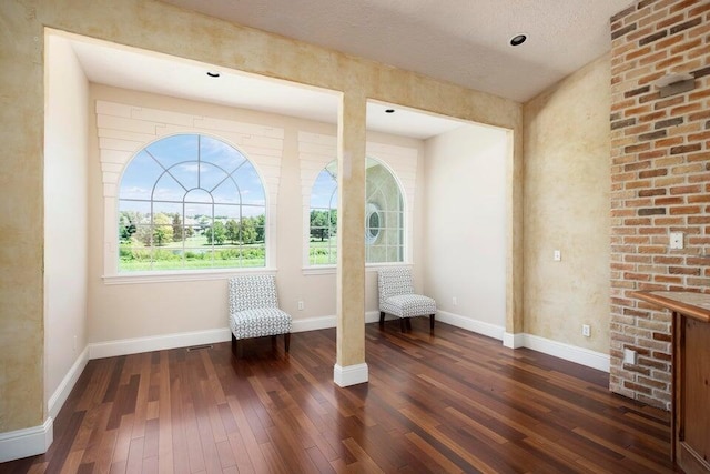 unfurnished room featuring a textured ceiling, dark hardwood / wood-style floors, and plenty of natural light