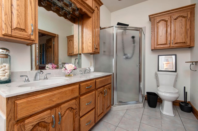 bathroom featuring vanity, walk in shower, tile patterned flooring, and toilet