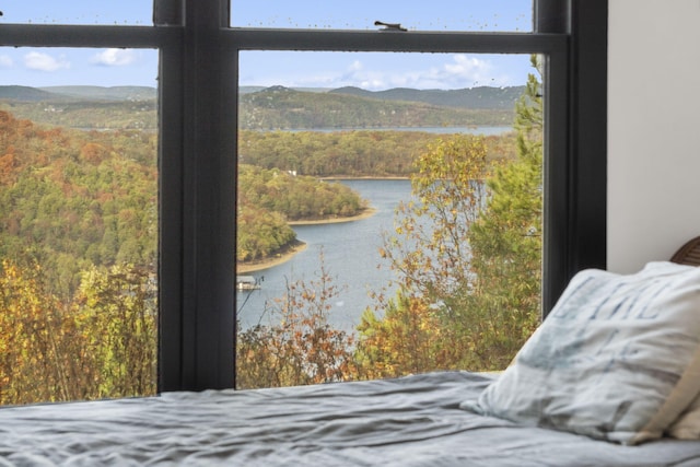 bedroom with a water and mountain view and multiple windows