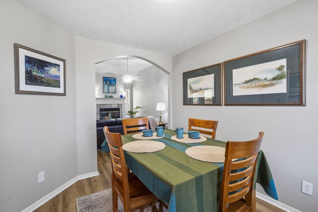 dining room featuring hardwood / wood-style floors, ceiling fan, and a textured ceiling