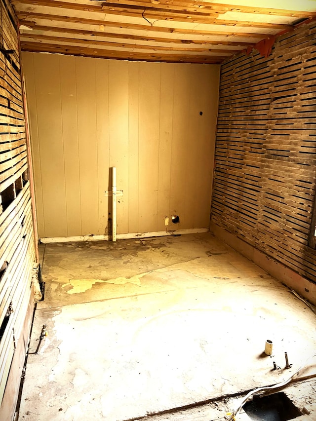 basement featuring wood walls