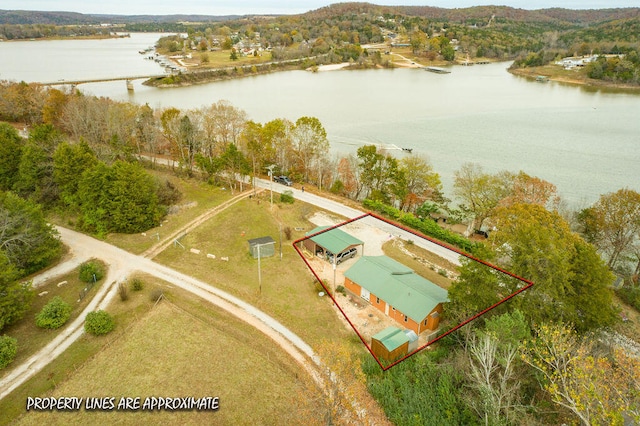 aerial view featuring a water view