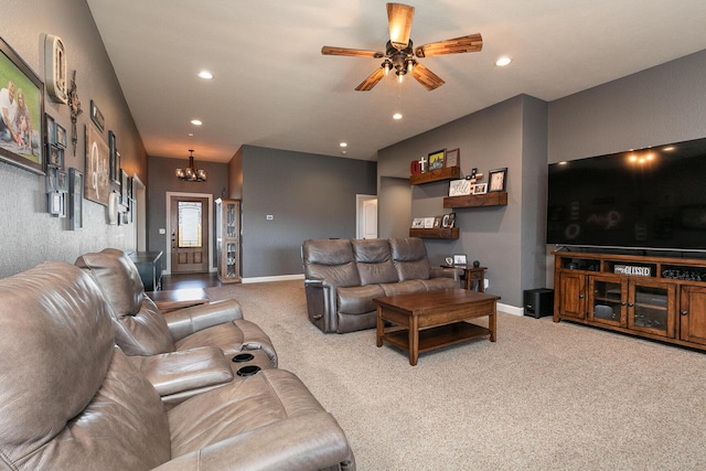 1558 E 432nd Rd, Bolivar, MO 65613 - carpeted living area with a chandelier, recessed lighting, and a ceiling fan