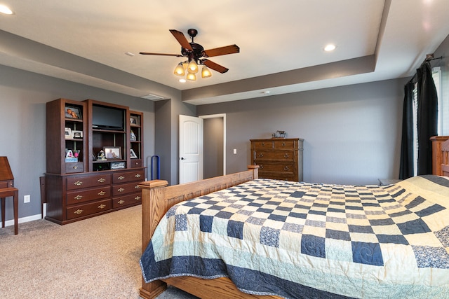 bedroom featuring ceiling fan and light colored carpet