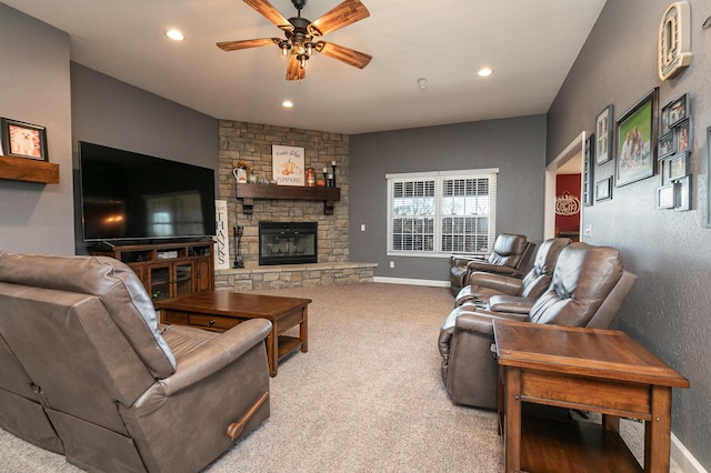 1558 E 432nd Rd, Bolivar, MO 65613 - living room featuring a ceiling fan, a fireplace, carpet flooring, and recessed lighting