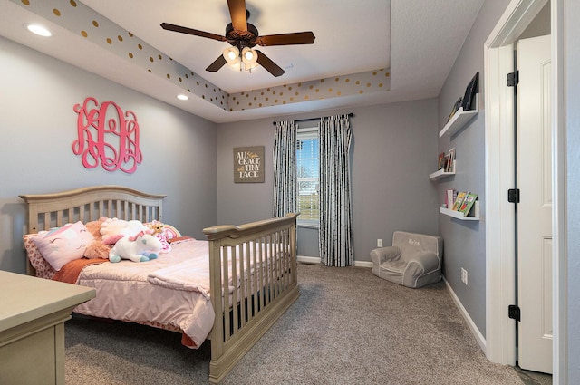 1558 E 432nd Rd, Bolivar, MO 65613 - bedroom with carpet, a tray ceiling, a ceiling fan, and recessed lighting