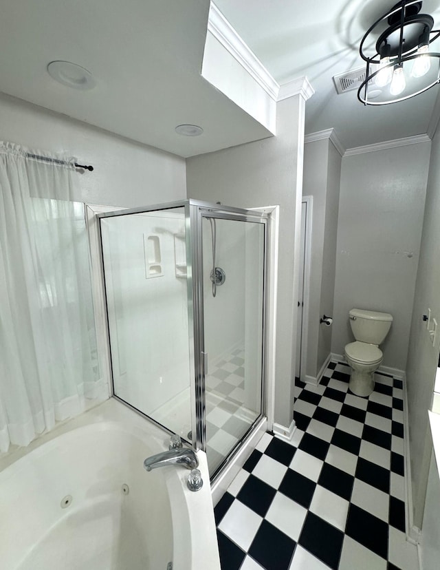 bathroom featuring toilet, plus walk in shower, and crown molding