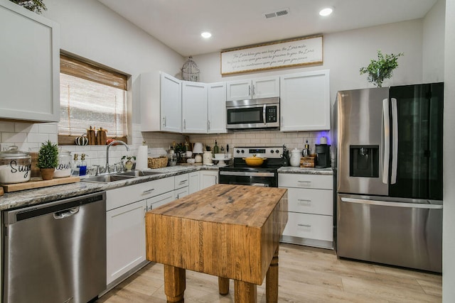 kitchen with white cabinets, sink, appliances with stainless steel finishes, and tasteful backsplash