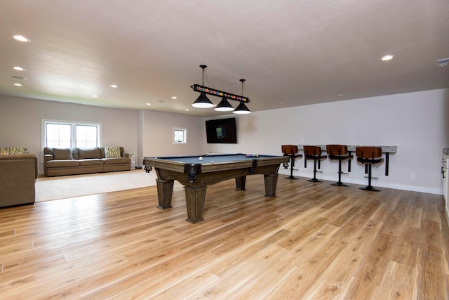 rec room with light wood-type flooring and billiards