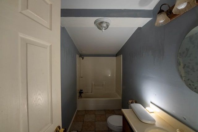 full bathroom with shower / bathtub combination, vanity, vaulted ceiling, tile patterned flooring, and toilet