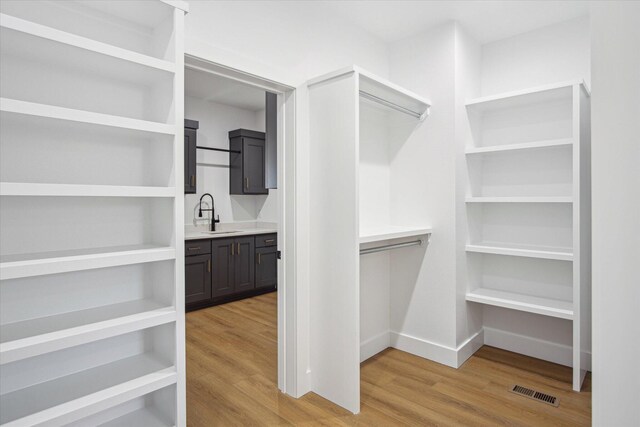 walk in closet with light hardwood / wood-style floors and sink