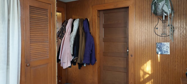 entryway featuring wooden walls