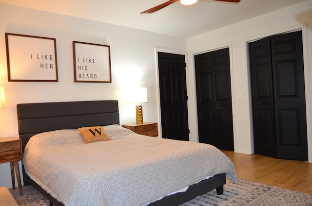 bedroom with hardwood / wood-style flooring, ceiling fan, and two closets