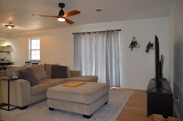 living room featuring ceiling fan and light hardwood / wood-style flooring