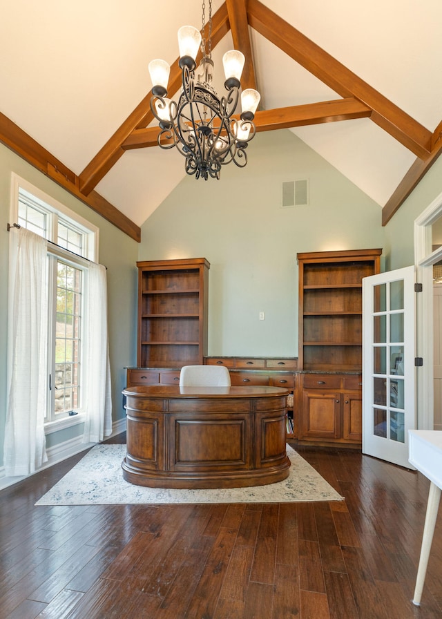 unfurnished office featuring dark wood-type flooring, beamed ceiling, high vaulted ceiling, and a notable chandelier