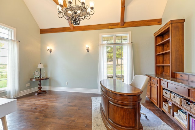 home office with high vaulted ceiling, a wealth of natural light, dark wood-type flooring, and a chandelier