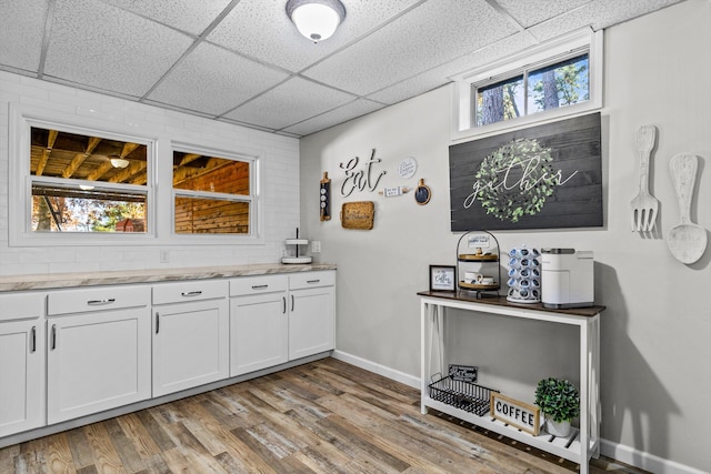 interior space featuring white cabinetry, a drop ceiling, and a healthy amount of sunlight