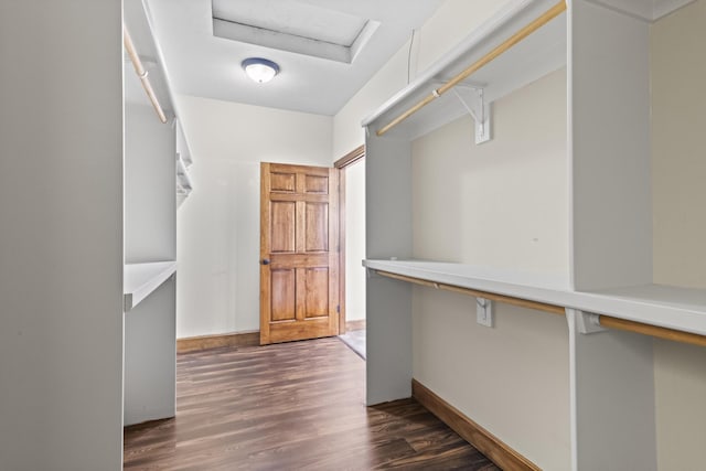 walk in closet with dark wood-type flooring