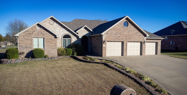 view of front of home with a garage and a front lawn