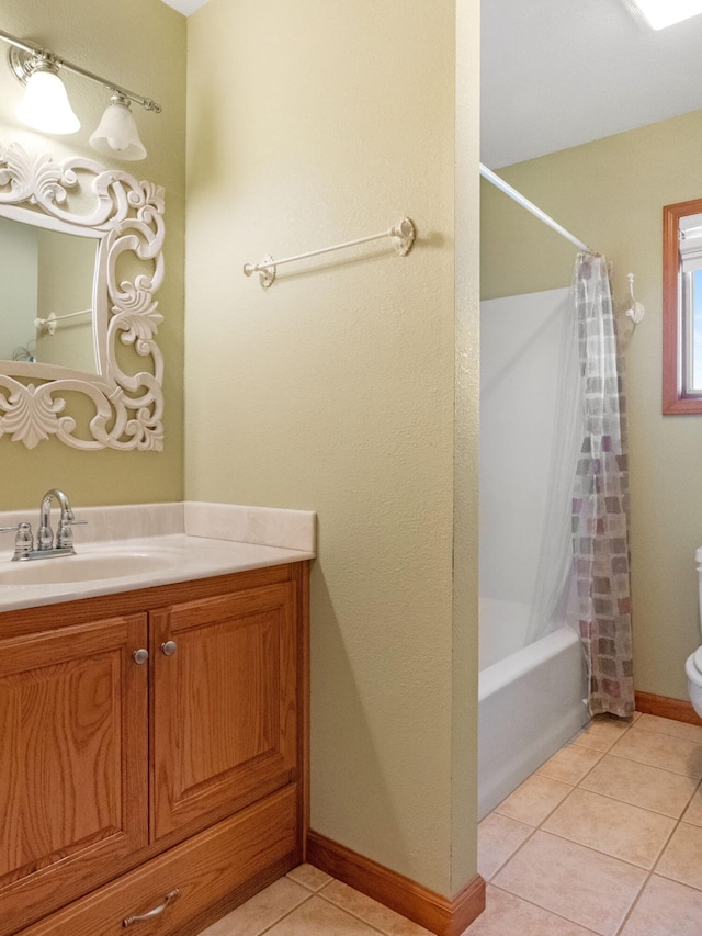 full bathroom with toilet, vanity, shower / bath combination with curtain, and tile patterned floors