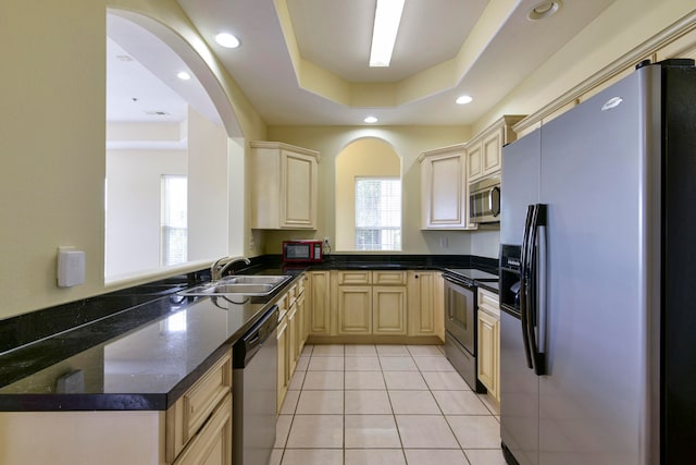 kitchen with stainless steel appliances, sink, a healthy amount of sunlight, a tray ceiling, and kitchen peninsula