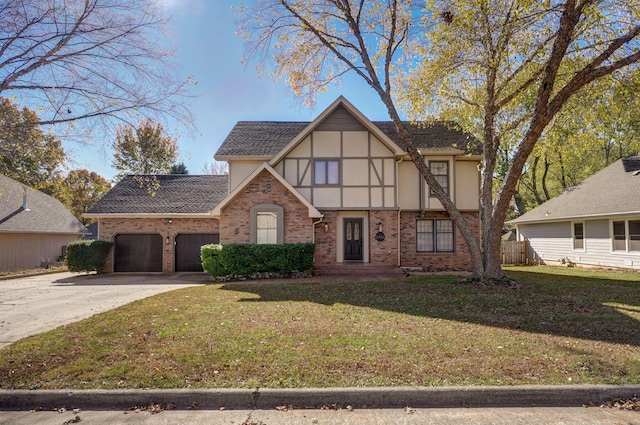 tudor house with a garage and a front lawn