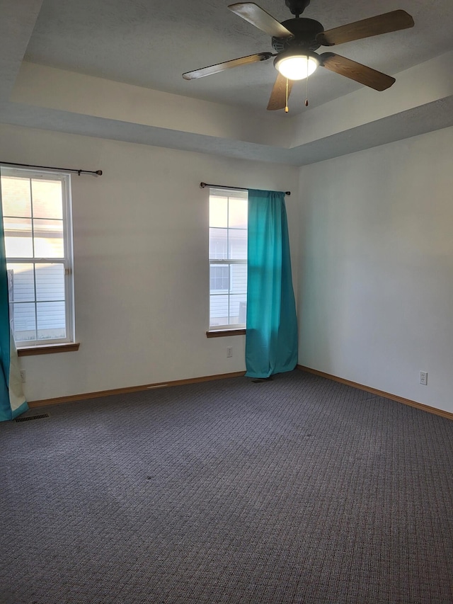 carpeted empty room with ceiling fan, plenty of natural light, and a raised ceiling