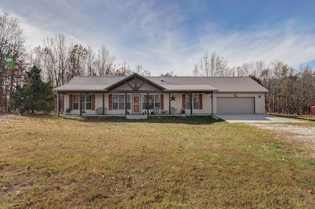 ranch-style home with a garage, a porch, and a front lawn