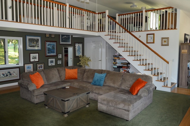 living room featuring wood-type flooring and a towering ceiling