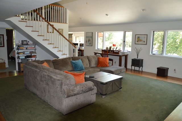 living room with wood-type flooring and lofted ceiling