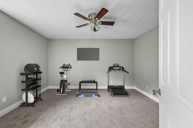 workout room with carpet floors and ceiling fan