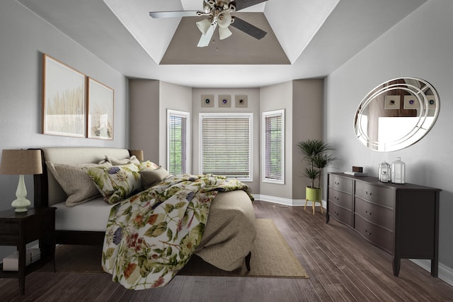 bedroom with dark wood-type flooring and ceiling fan