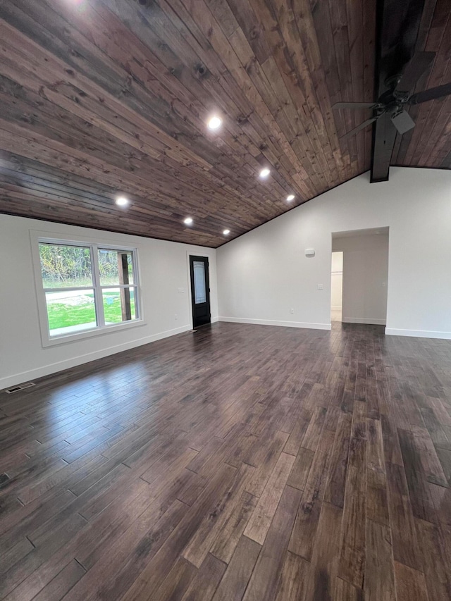 unfurnished living room with wooden ceiling, visible vents, baseboards, vaulted ceiling, and dark wood-style floors