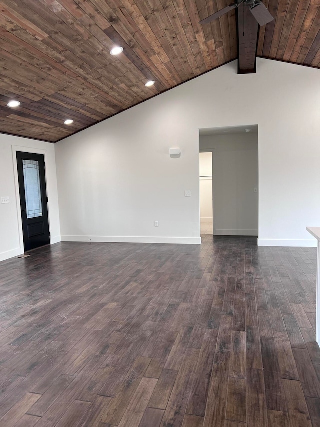 unfurnished room featuring vaulted ceiling, dark wood-type flooring, wood ceiling, and baseboards