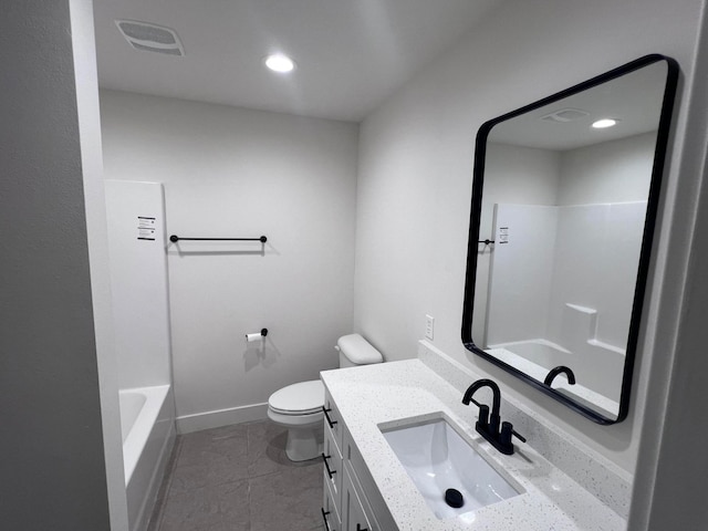 bathroom with recessed lighting, visible vents, toilet, vanity, and tile patterned floors