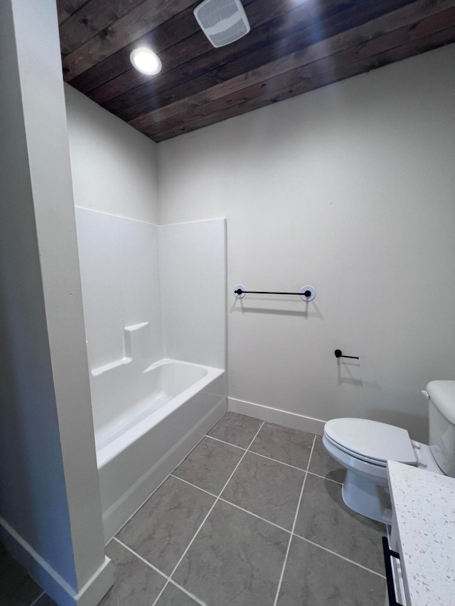 full bathroom featuring baseboards, toilet, wooden ceiling, tile patterned floors, and vanity