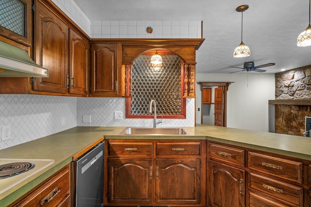 kitchen featuring sink, kitchen peninsula, dishwasher, pendant lighting, and decorative backsplash