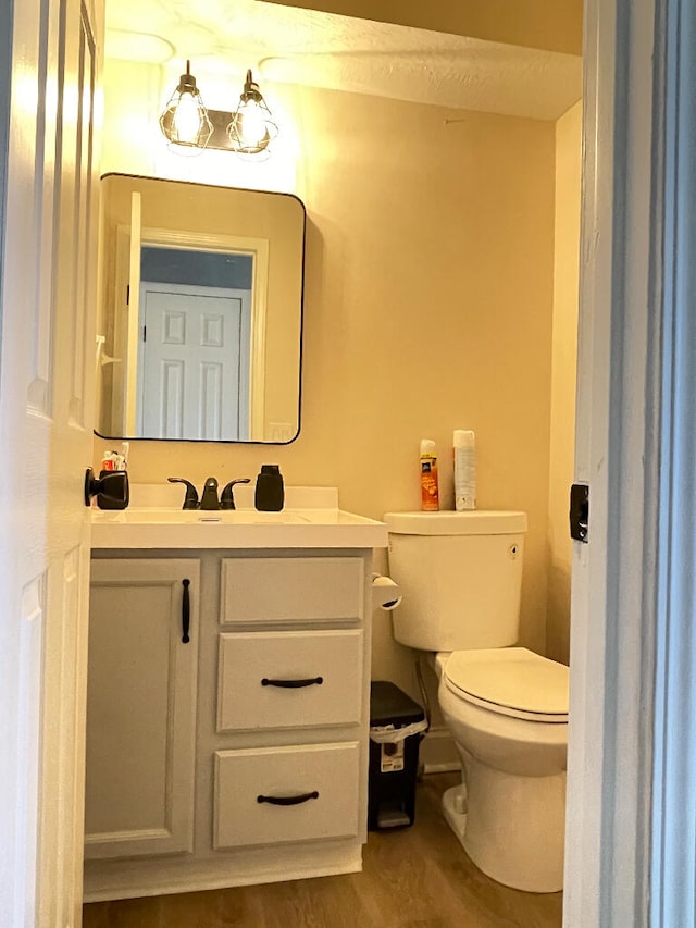 bathroom featuring toilet, vanity, and wood-type flooring