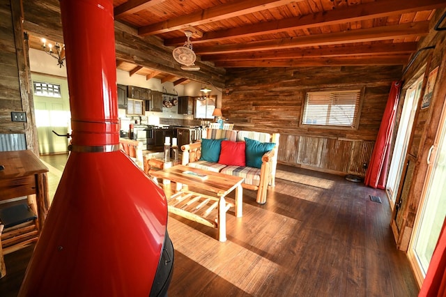 interior space featuring a chandelier, wood ceiling, dark wood-type flooring, wooden walls, and lofted ceiling with beams