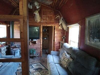 living room with wood walls, plenty of natural light, wood ceiling, and lofted ceiling