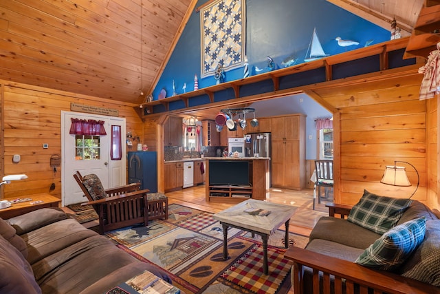 living room featuring high vaulted ceiling, wooden walls, wood ceiling, light hardwood / wood-style floors, and an inviting chandelier