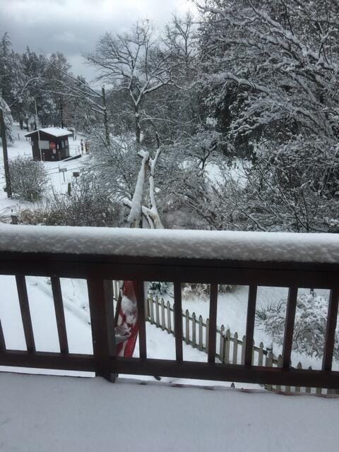 view of snow covered back of property