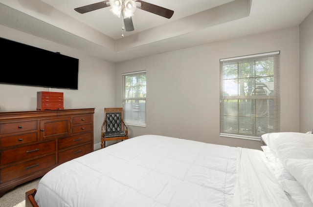 bedroom featuring a raised ceiling and ceiling fan