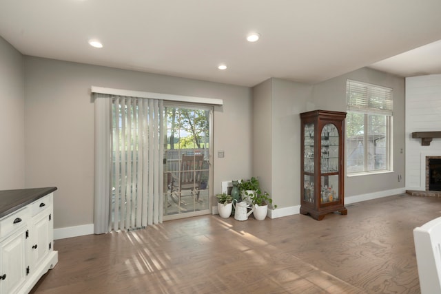 dining space featuring a fireplace and wood-type flooring