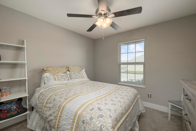 bedroom with ceiling fan and carpet flooring