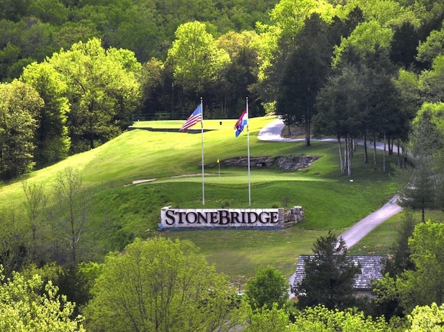 drone / aerial view with a wooded view