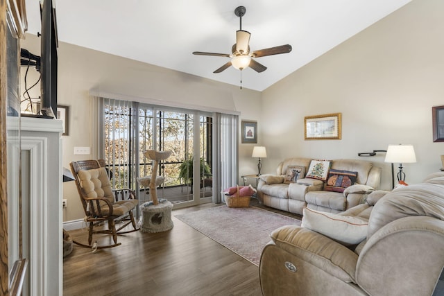 311 Cedar Glade Dr, Branson West, MO 65737 - living room with wood finished floors, a ceiling fan, and high vaulted ceiling